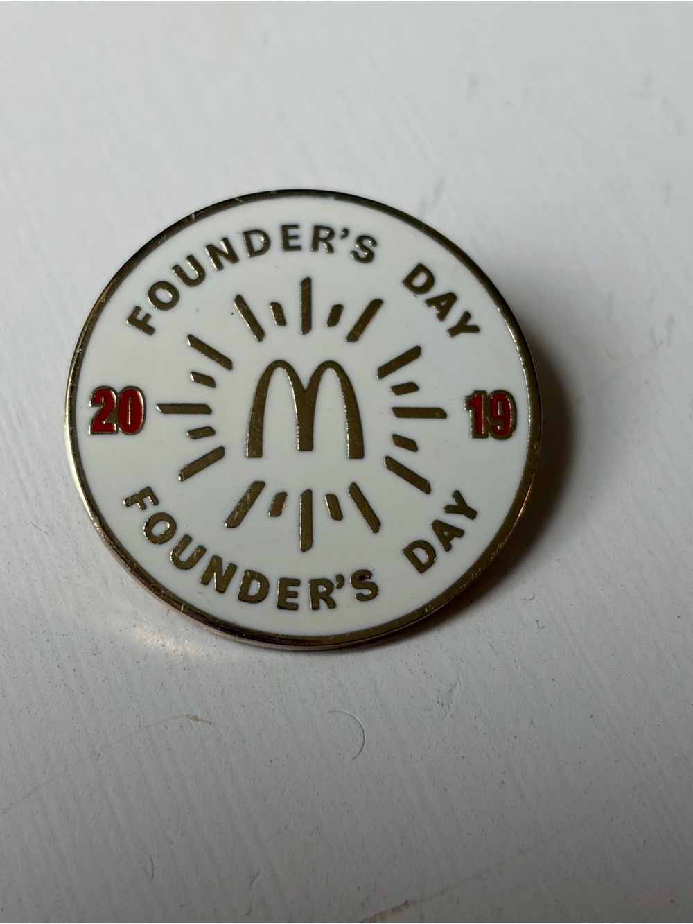 McDonald’s 2019 Founders Day Gold and White Brooch Lapel Tac Pin